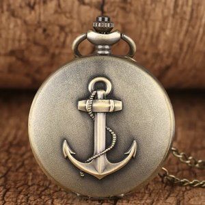 Anchor Design Vintage Bronze Pocket Watch with Chain Necklace Unique